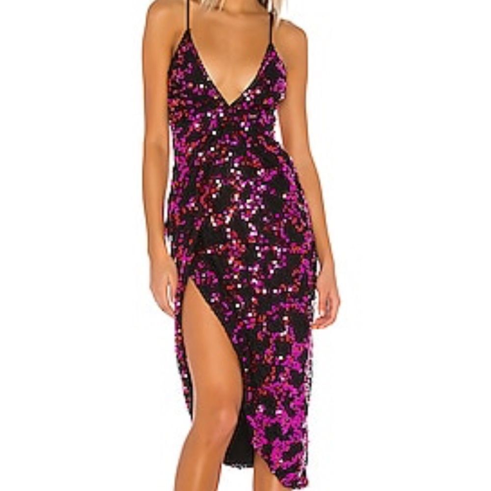 h:ours Elsie Dress in Fuchsia & Black Sequin Embellished Lace Fabric Size Small